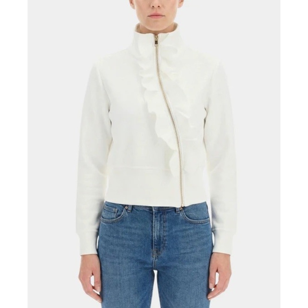 Gracia Ruffle Full Zip Mock Neck Sweatshirt Bomber Jacket Cream White Cropped Sl